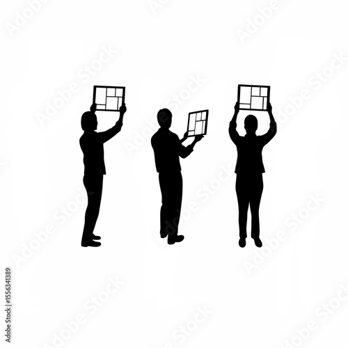 Silhouette of architects showcasing designs using AR tablets on white background