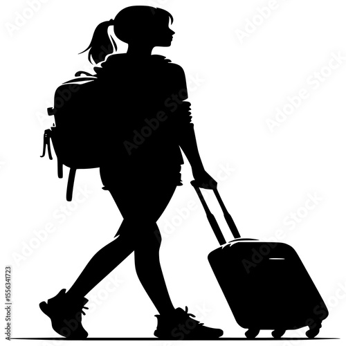 The Journey Begins: A Silhouette of a young woman embarking on a journey, her silhouette against a minimalist background. She is ready to explore the world with her backpack and carry-on luggage.