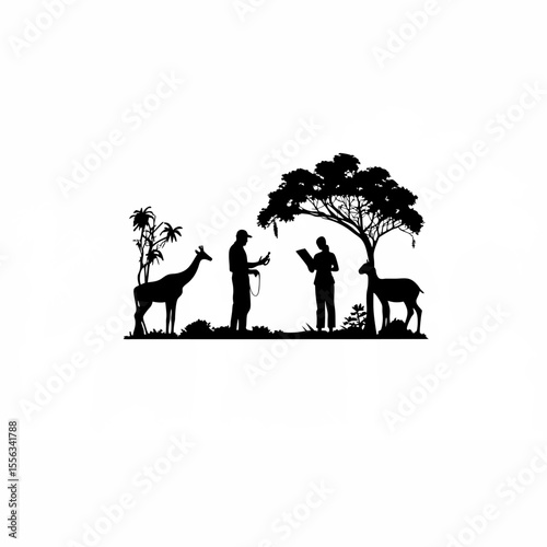 Silhouette of biologists tagging animals for research in a jungle on white background