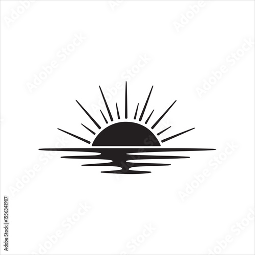 Stylized sunrise over calm water reflecting light rays