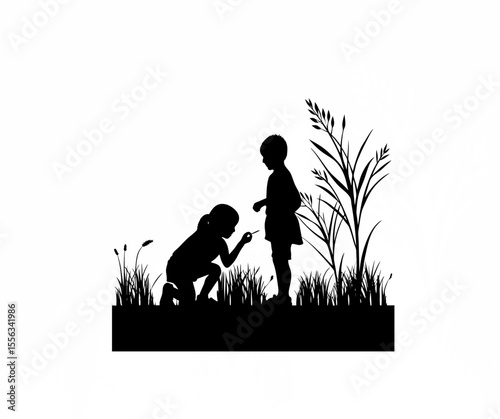 Silhouette of children observing plants during a nature walk on white background