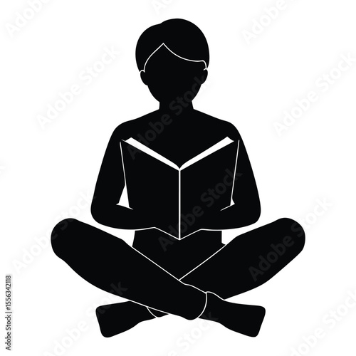 Person engrossed in reading a book while seated depicted in a striking black silhouette