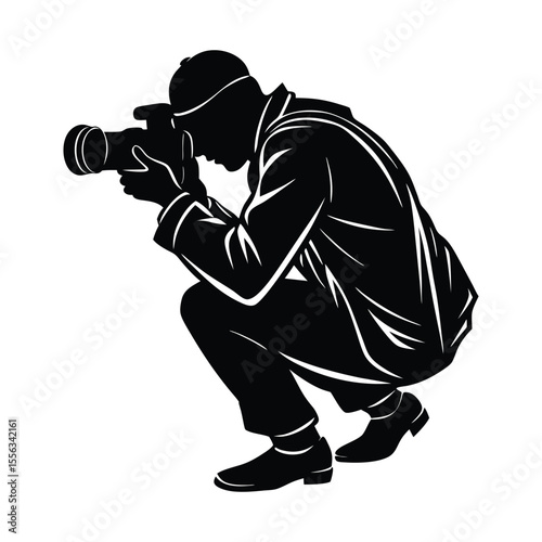 Creative photographer in a crouching pose holding a dslr camera captured in a striking silhouette style