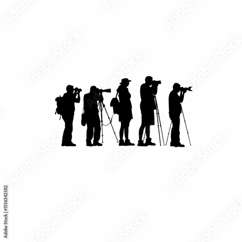 Silhouette of conservationists tracking endangered species on white background