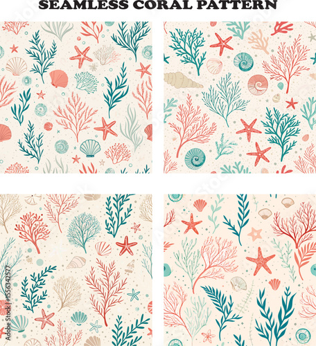Seamless coral reef pattern with pastel seaweeds, starfish, and shells on a sandy cream background, perfect for coastal-themed textiles, beach decor, summer fashion, and wallpapers