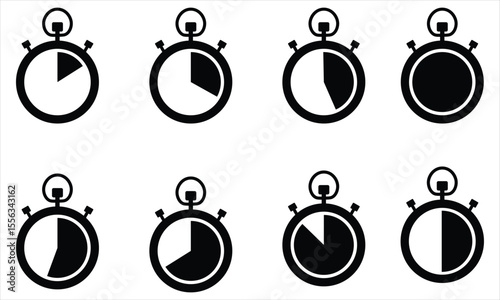 Stopwatch Timer Icon Set – Vector Illustration of Elapsed Time Intervals on White Background