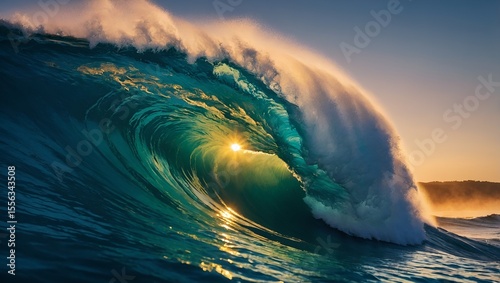 Beautiful ocean wave, sea water rip curl, surfing crest, colorful sunset