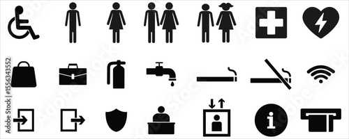 Vector Icons Set for Public Services and Facilities – Restroom, Accessibility, Medical, and Information Symbols on White Background