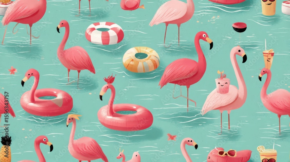 Obraz premium Swim with whimsical flamingo floaties at the poolside playful print designs