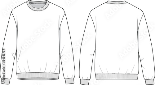 Basic crewneck sweatshirt front and back, cad drawing flat vector illustration, fashion garment sketch, ribbed cuff and hem, template layout