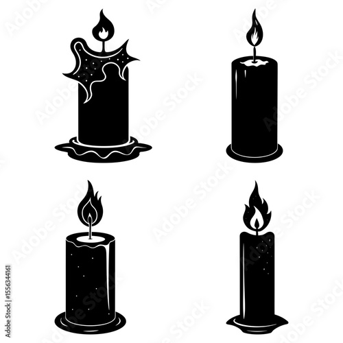 Illustration of four lit candles with varying designs in black and white minimalist style artwork design