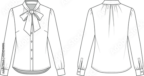 Blouse with bow-tied collar front and back, cad drawing flat vector illustration, pleated yoke, cuffed sleeves, button-down elegant sketch