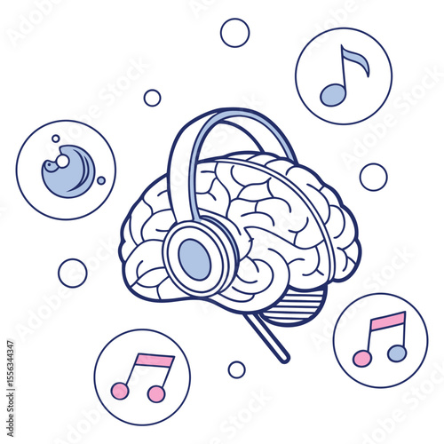 Brain with headphones surrounded by music and sleep icons on white background