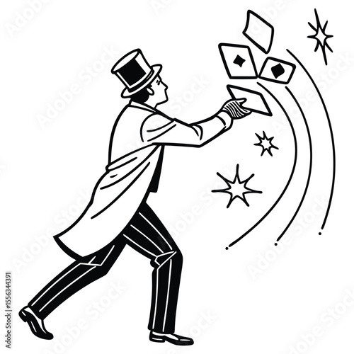 Magician performing card tricks in black and white illustration style