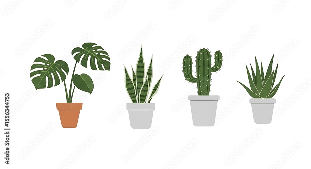 Fototapeta premium Indoor Plant Icons Vector – Potted Houseplants on White Background