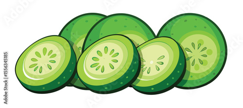 Freshly Sliced Cucumber Pieces Artfully Arranged on White Background. Sliced cucumber row, cross-section, green-skinned, freshness.