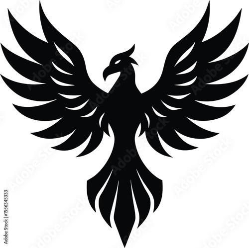 Striking black phoenix silhouette isolated on white background