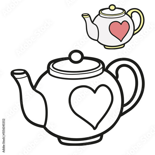 Teapot with round sides and a heart on the side outlined picture for coloring book on white background