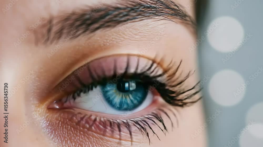 Close up of eyes with long eyelashes, natural skin, eyebrows and soft bokeh background, futuristic digital feel