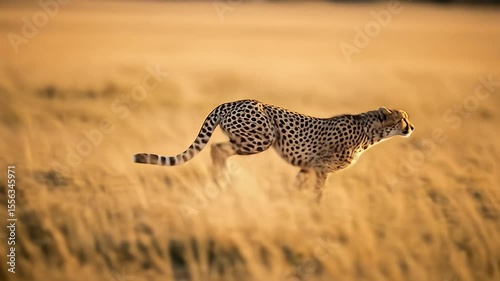 African Wildlife Cheetah Running Fast Across Savanna Grassland
