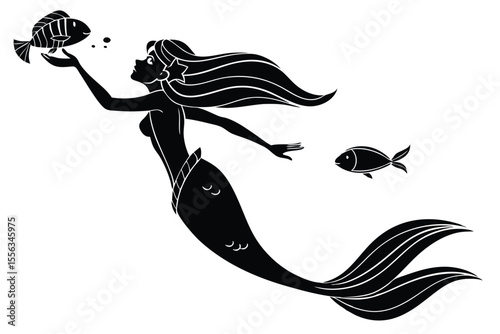 Silhouette of a Mermaid Giving Fish