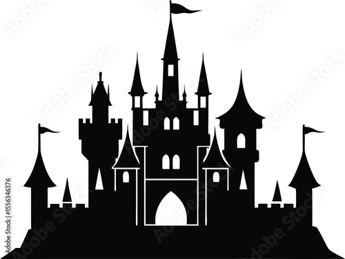 Striking black medieval castle silhouette isolated on white background