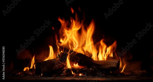 
Close-up of a fire in a fireplace, against a black background. The focus is on the flames and embers, in a dark room with low lighting