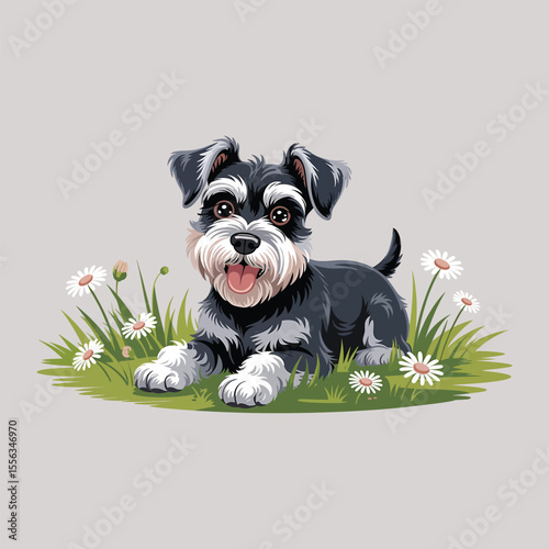 Cheerful Miniature Schnauzer Puppy Among Daisies