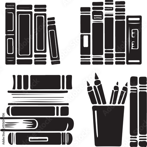 silhouette set stack school books icon vector, black color silhouette