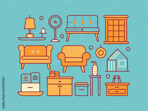 FURNITURE - thin line vector icon set. Pixel perfect. The set contains the following icons: Furniture, Dining Table, Armchair, Bed, Sofa, Mirror, Desk, Office Chair, and Crib.