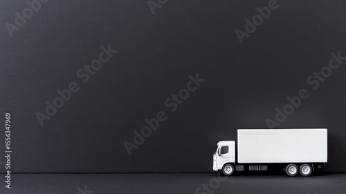 A minimalistic image of a white toy truck against a dark background, ideal for concepts related to logistics, transport, or shipping, This photo can enhance marketing materials or presentations,