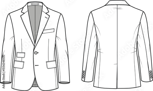 Men's tailored blazer front and back flat sketch, vector CAD drawing, classic single-breasted design, fashion technical illustration, formal jacket fashion template