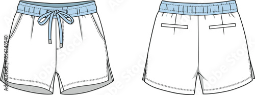 Drawstring waist shorts front and back, cad drawing flat vector illustration, contrast waistband, pocket detail, casual summer garment fashion sketch