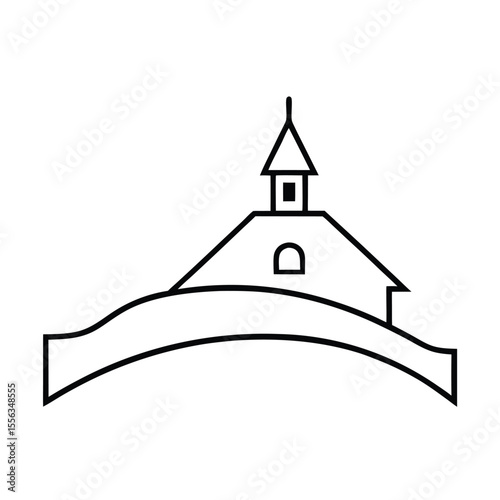 Serene landscape illustration featuring a classic church structure perched atop a rolling green hill under a clear blue sky
