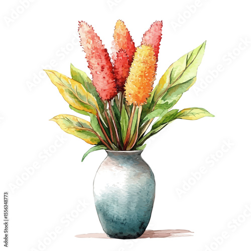 A Celosia In A Vase, watercolor vector, isolated on a white background.