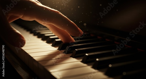 Hand playing piano keys close up