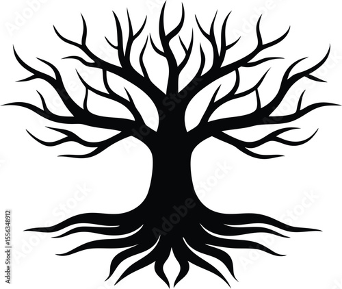 Stylized graphic silhouette of tree roots spreading isolated on white background