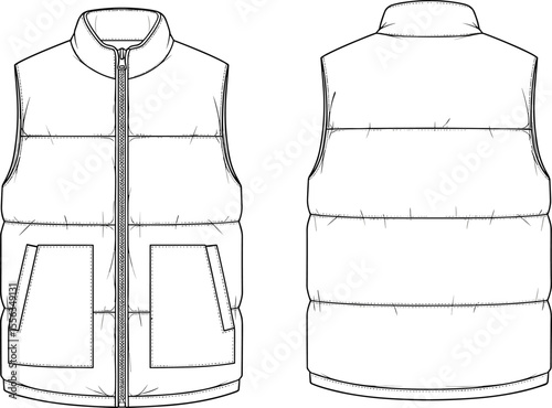 Sleeveless puffer vest flat sketch, front and back view, zipper closure, standing collar, casual outerwear design, CAD vector drawing, winter fashion technical illustration