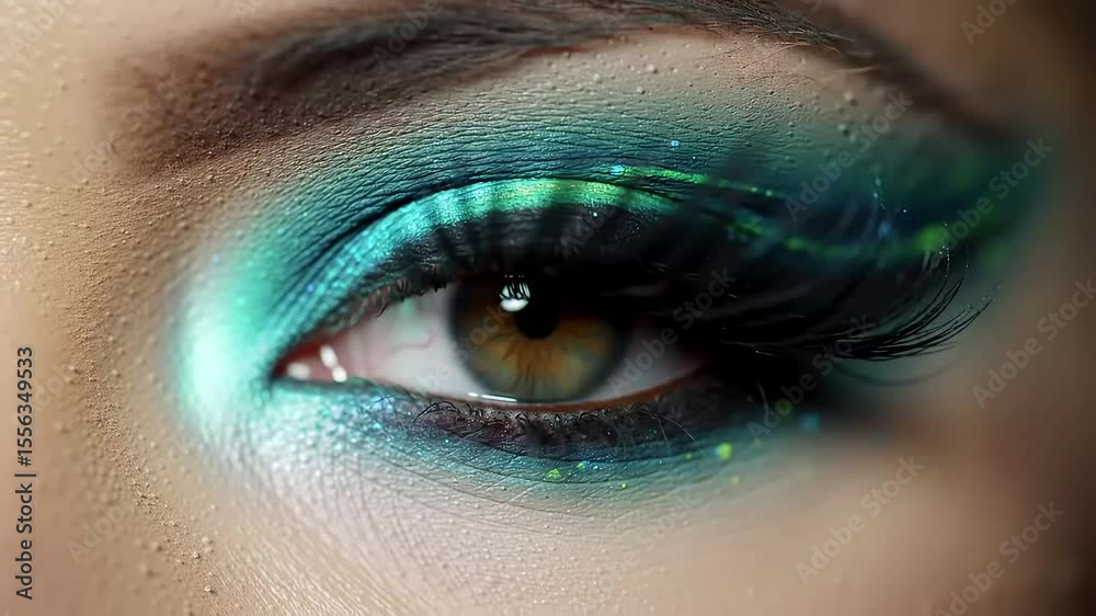 Close-up teal eye makeup, macro shot, beauty, advertising