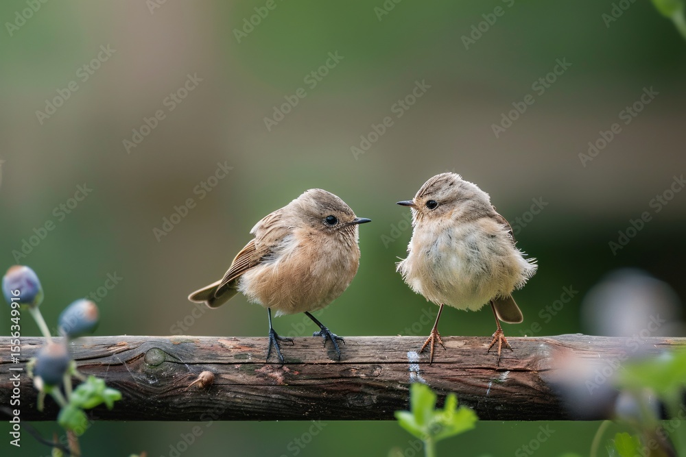 Fototapeta premium Two adorable small birds perched on a wooden branch, surrounded by soft green foliage.