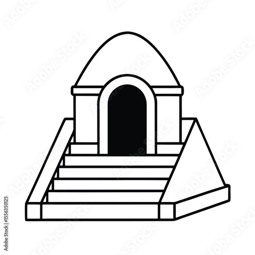 Abstract geometric pattern featuring a stylized staircase leading downwards into a dark mysterious crypt or underground space with vibrant color accents