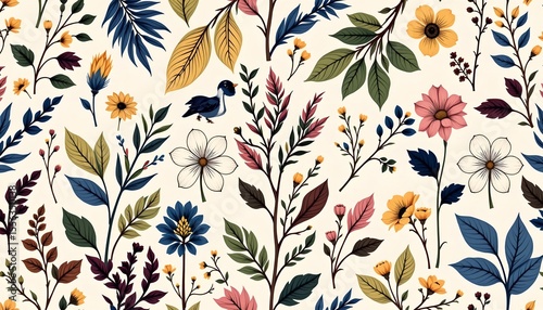 Fototapeta Naklejka Na Ścianę i Meble -  a floral pattern with a variety of flowers and leaves in shades of blue, green, and yellow against a neutral background