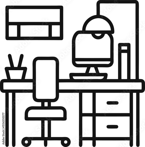 Outline icon of a furnished workspace with desk and chair
