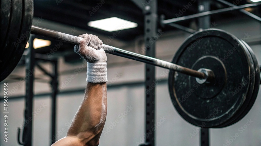 Fototapeta premium A strong individual with athletic build poised over a heavy barbell in a gym, preparing for a deadlift. The image captures the intense focus