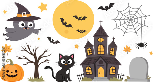 Cute Halloween Clipart Bundle: Haunted House, Ghost, Cat, Pumpkin & More