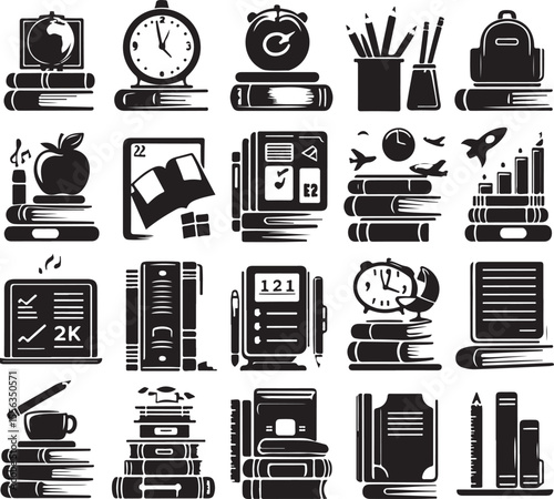 silhouette set stack school books icon vector, black color silhouette 
