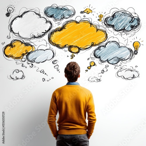 A person reflecting on ideas illustrated by colorful thought clouds.