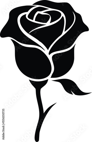 Romantic Rose Flower Black Silhouette – Elegant Vector Botanical Illustration