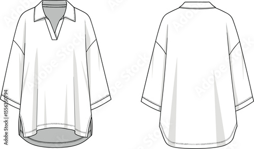 Loose-fit tunic front and back, bishop sleeve top fashion cad drawing flat vector illustration, garment technical sketch, apparel design layout
