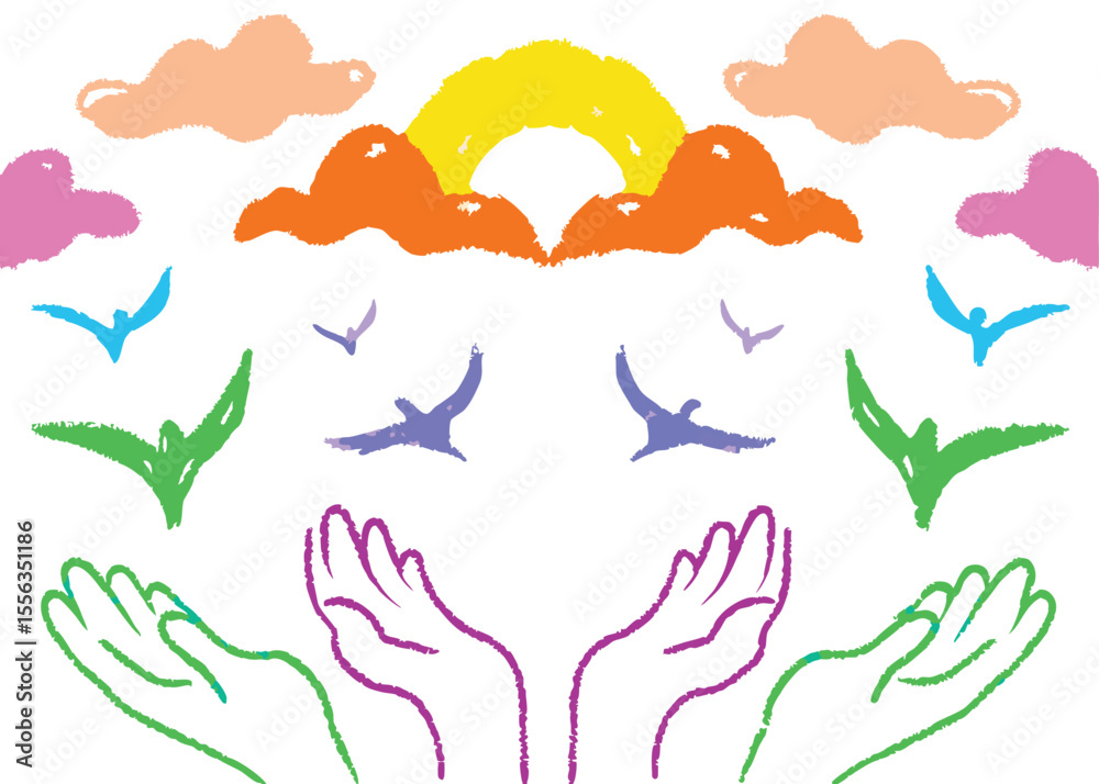 Naklejka premium Hand-drawn vector illustrations: an abstract nature scene with a bird, brush, and sea animals like fish, dolphins, and whales, featuring seamless water patterns and summer designs
